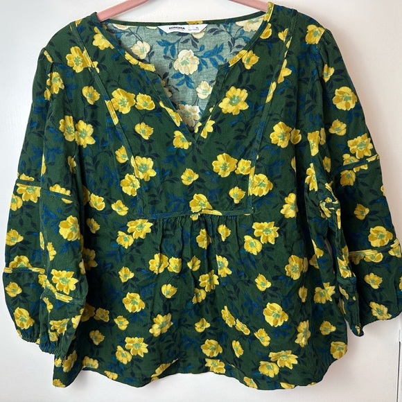 Sonoma Tops - Sonoma Corduroy Green floral Notchneck Long Sleeve Top Size petite Large #1660